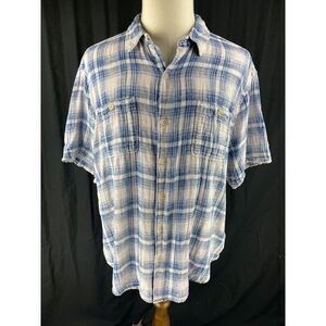 True‎ Grit Mens 2XL Short Sleeve Plaid Button Up Double Gauze Shirt Tartan Blue